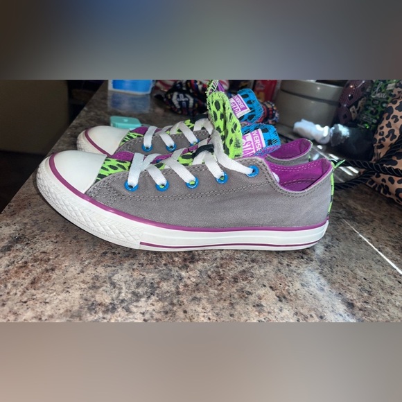 Converse All Star Shoes Gray Neon Animal Print Double Tongue Junior Size 4 - Picture 5 of 12